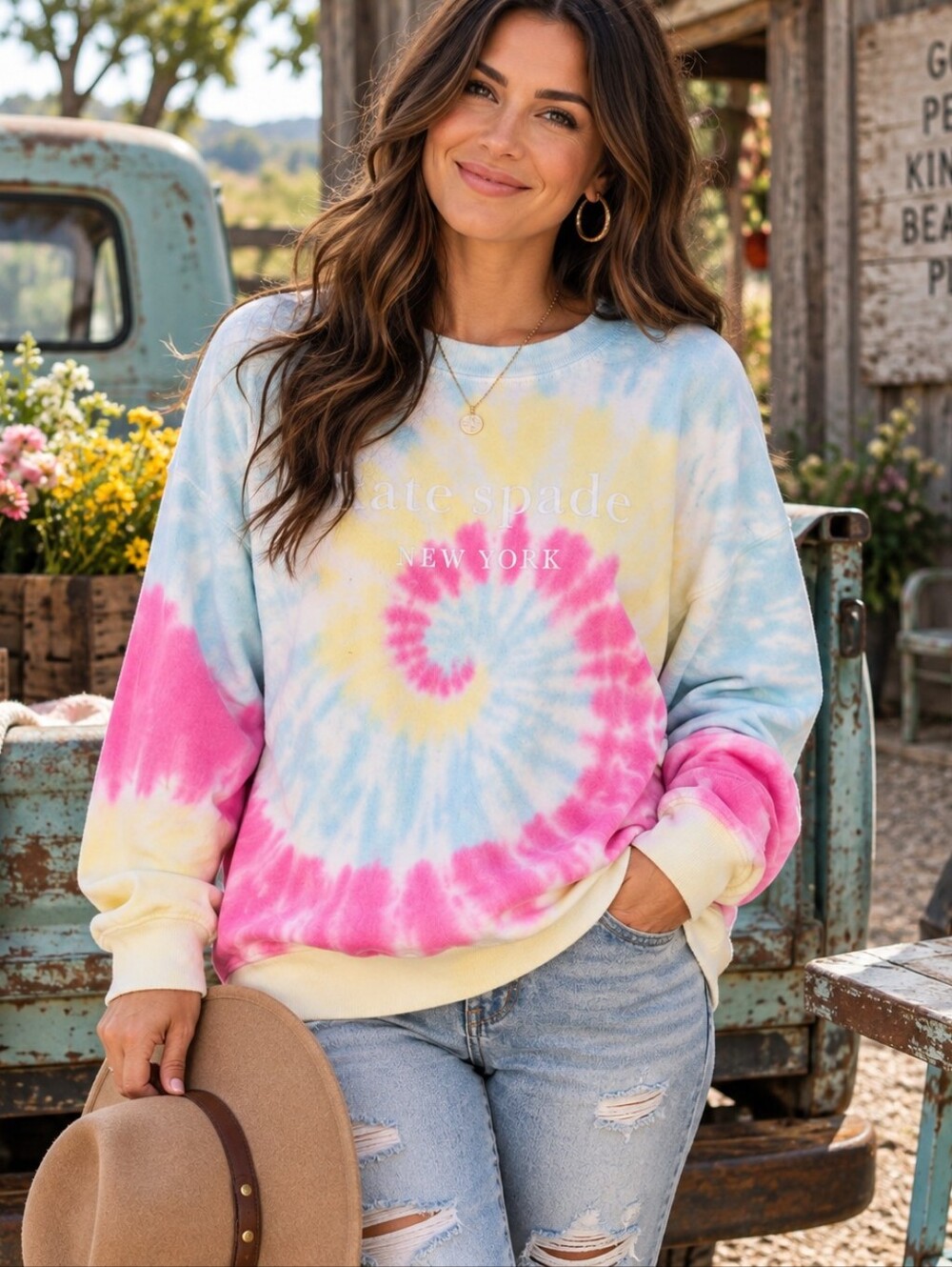 Kate Spade New York Tie Dye Logo Sweatshirt Pink Blue Yellow Size L